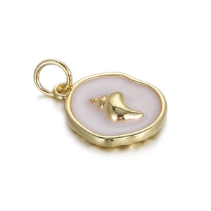 Macro view of a gold-plated shell pendant with light pink enamel for DIY jewelry