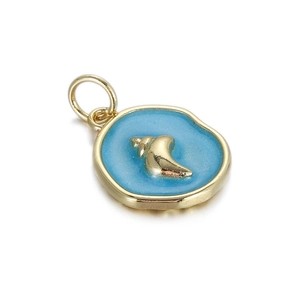 Detail view of mini gold seashell pendant with light blue enamel on round base