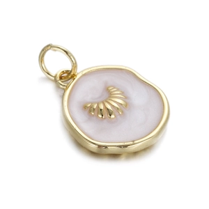 Detail showing shell motif on pink enamel charm with gold-plated irregular round frame