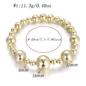 Detailed specs of the gold bead bracelet showing weights and bead sizes from 6mm to 14mm