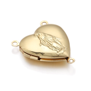 Macro view of heart-shaped gold locket with Virgin Mary relief and three link rings