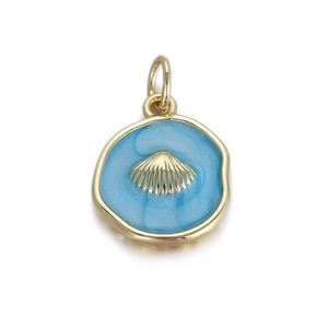 Minimalist gold shell pendant with light blue enamel finish and ocean style elements