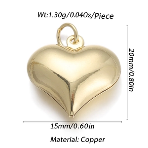 Polished 14k gold heart-shaped copper charm with size and weight dimensions