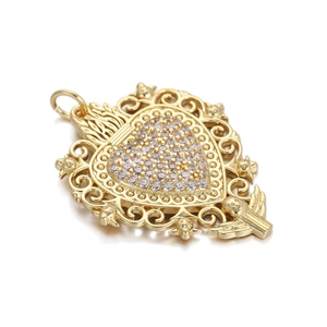 18K gold plated heart pendant with zircon accents and vintage angel relief carvings