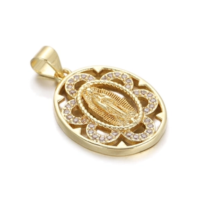 Oval Virgin Mary pendant in gold plating with pink zircon border and floral hollow design