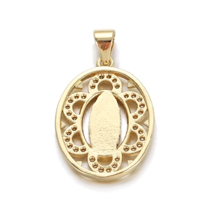 Gold plated oval religious pendant with embossed figure and hollow decorative pattern