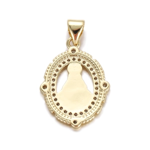 Detailed view of oval gold-plated Virgin Mary charm with intricate wave texture and hoop
