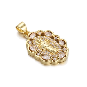 Detailed close-up of Virgin Mary religious pendant with colorful cubic zirconia in gold finish