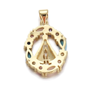 Detailed view of a gold-plated oval pendant with colorful gems and Virgin Mary relief