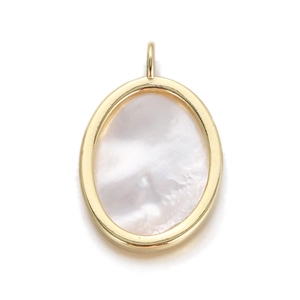 Detailed view of oval golden pendant featuring white mother of pearl and top bail