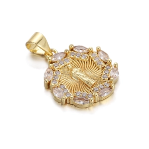 Detailed macro view of gold-plated Virgin Mary pendant with sparkling zircon inlay