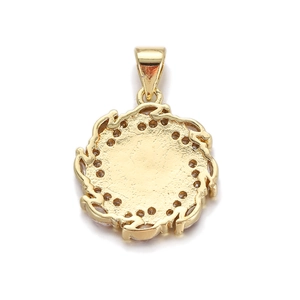 Detailed back view of a gold-plated circular pendant with wavy edges and metal texture