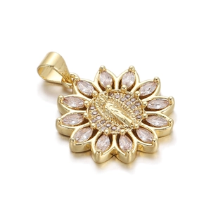 Macro view of gold-plated Virgin Mary sunflower pendant with marquise-cut zircon stones