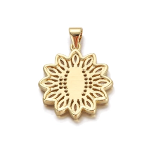 Detailed back view of a gold-plated sunflower pendant with hollow petals and bail