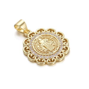 Detail of gold-plated St. Benedict medal pendant with sparkling cubic zirconia inlay