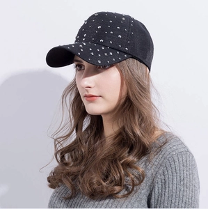 Women's black baseball cap with sparkling silver rhinestones and six-panel crown structure