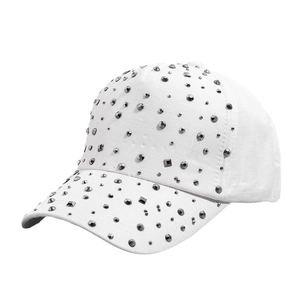 White baseball cap with dark grey metal studs and rhinestones decoration for women