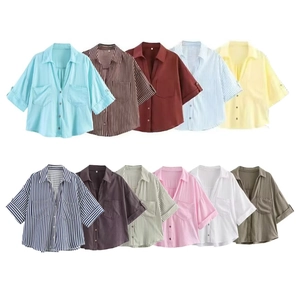 Femme Chemisier Mélange Lin Manches Courtes Rayé Boutonné Col Rabattu Double Poches Large Haut Décontracté