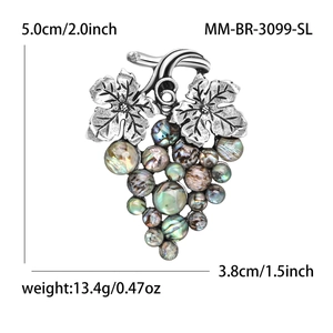 Fashion alloy grape brooch featuring iridescent abalone shell inlays and leaf details