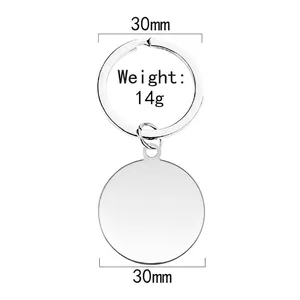 Polished 30mm round stainless steel keychain tag showing 14g weight and size dimensions