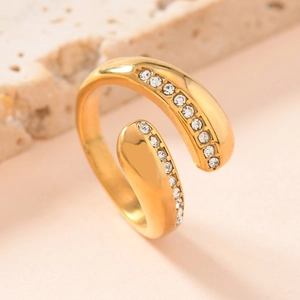 Adjustable golden stainless steel open ring with water-drop ends and inlaid white rhinestones