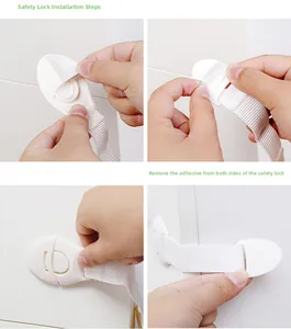Detailed four-step installation guide for child safety locks on furniture cabinets