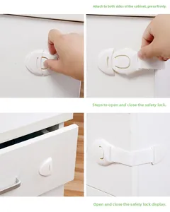 Step-by-step installation guide for white safety locks on white cabinets and drawers