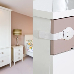 Multipurpose baby safety lock with white fabric strap for drawers and cabinets