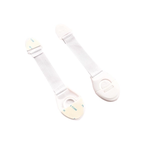 Two white adjustable baby safety locks for drawers and cabinets with strong adhesive tape