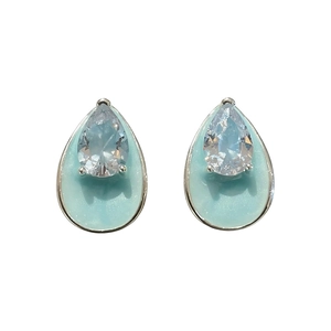 Elegant teardrop stud earrings with light blue enamel and sparkling pear-cut zircon