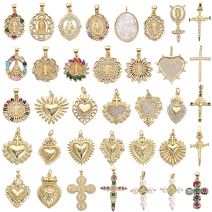 Vintage Gold Copper Religious Pendant Rhinestone Heart Cross Virgin Mary DIY Charm For Jewelry Making Women Accessories