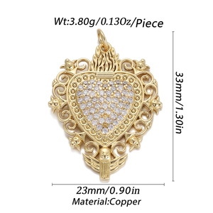 Golden copper heart pendant with colorful zircon stones and hollow cross details