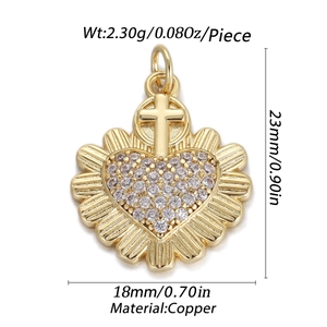 Gold religious heart pendant with Virgin Mary cross and micro-set cubic zirconia stones