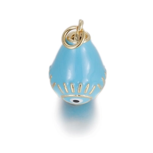 Detail van een blauwe boze oog druppelhanger met gouden oogje voor DIY-sieraden maken