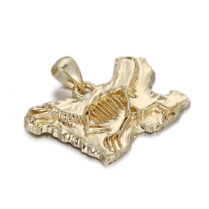 Detailed view of a golden T-Rex dinosaur skeleton pendant with textured base and bail