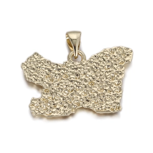 Macro detail of gold-toned map pendant featuring a textured hammer finish and smooth bail