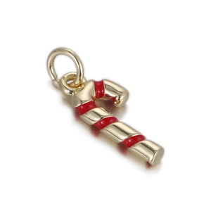 Detailed view of a red and gold enamel Christmas candy cane charm with a metal loop