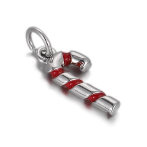 Close-up of a festive candy cane pendant with silver metal and red enamel stripes