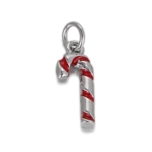 Close-up of candy cane pendant in silver metal with red enamel stripes for DIY jewelry