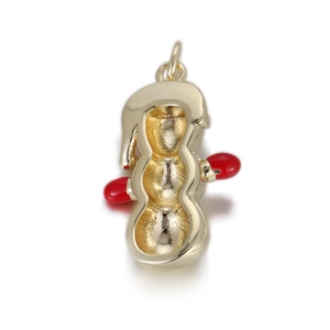 Detailed close-up of a gold-plated peanut pendant with red enamel seeds inside