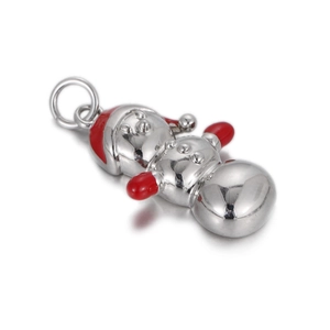 Detailed view of a silver snowman charm with red enamel hat and gloves for DIY jewelry