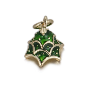 Detailed view of 3D green enamel Christmas tree pendant with golden dot accents