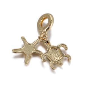 Detailed view of gold sea star and turtle charms with intricate textures for bracelets