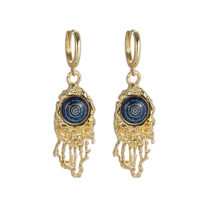 Artistic gold drop earrings featuring a blue evil eye pendant with melted metal fringe