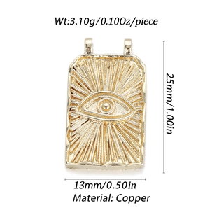 Detail of 14K gold plated rectangular evil eye charm with sunburst pattern and dimensions
