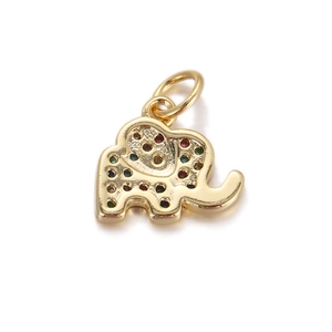 Detailed view of a golden elephant pendant encrusted with vibrant colorful cubic zirconia stones