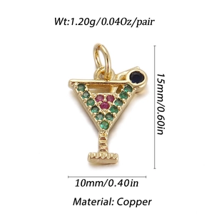 Detailed view of gold cocktail cup pendants with colorful crystals and dimensions