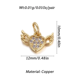 Macro shot of gold heart pendant with wings and dimensions showing 12mm width