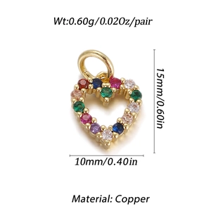 Detailed size chart for heart pendant with multicolored zircons and 18K gold plating