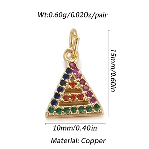 Detailed macro view of a 10mm x 15mm copper triangle pendant with colorful zircon stones